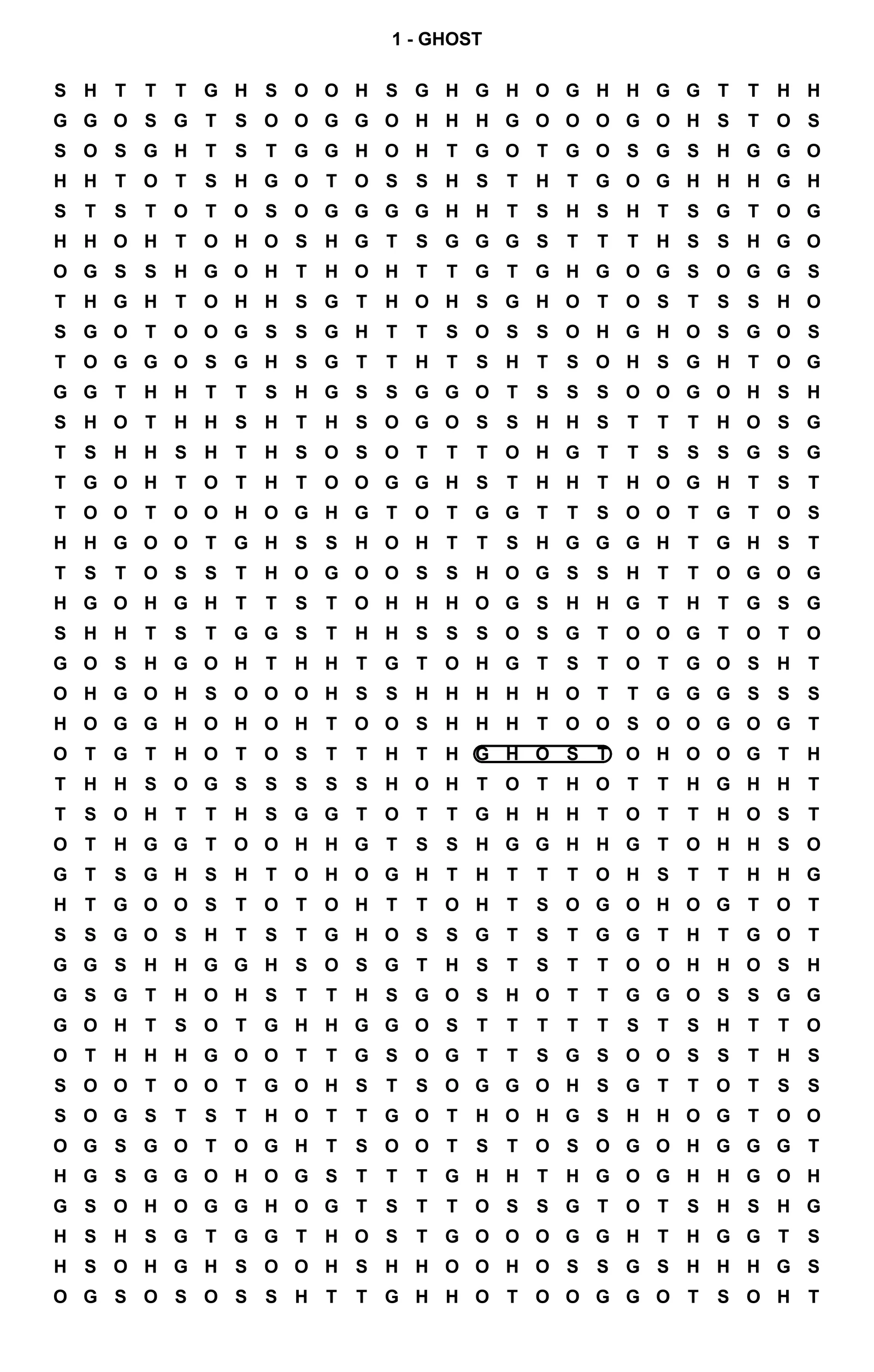 The solution to the first puzzle in 20,000 Ghosts: a twenty-six by forty-one grid of the letters G, H, O, S and T with a single GHOST circled near the middle.