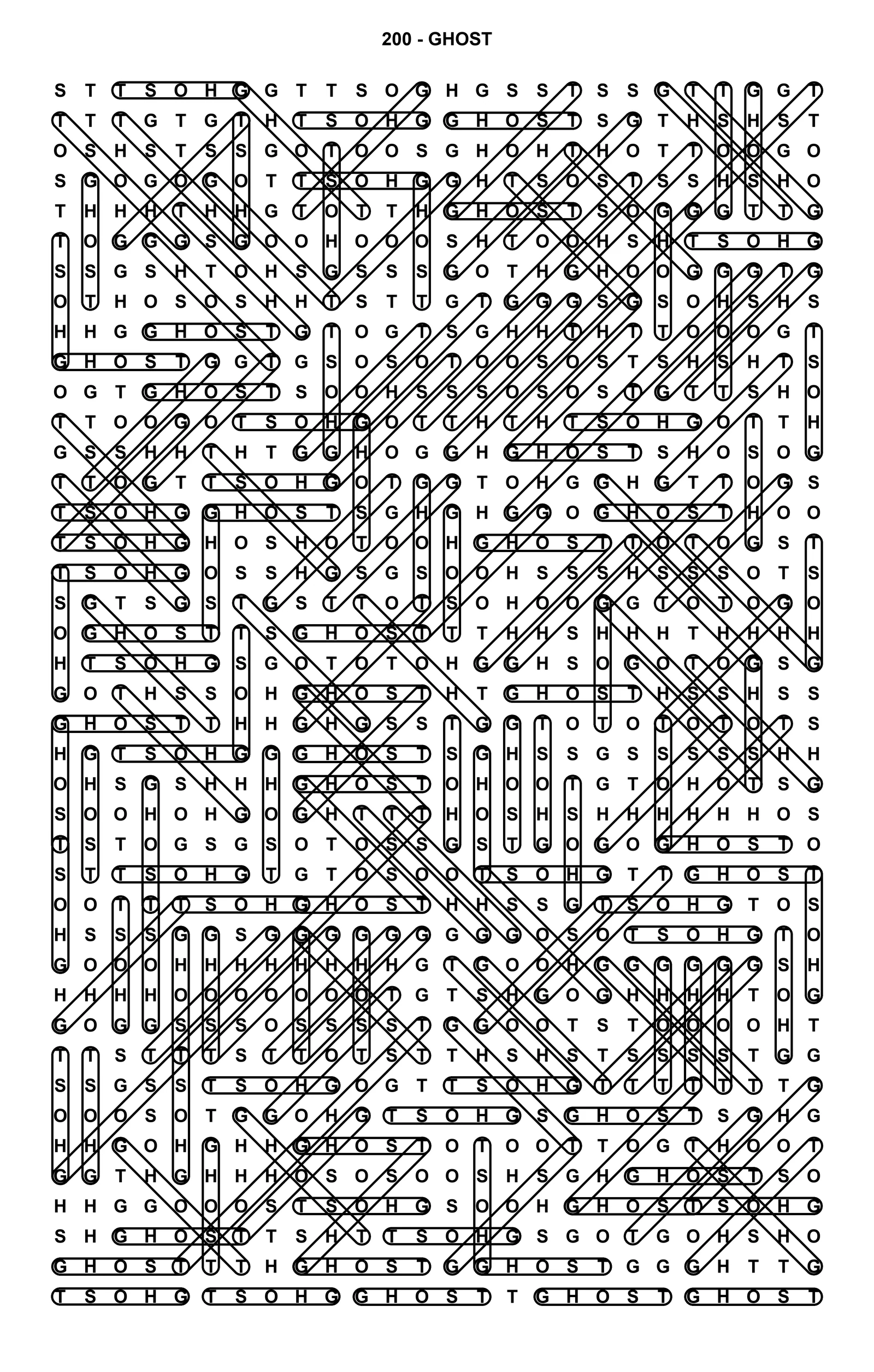The solution to the last puzzle in 20,000 Ghosts: the same size grid with two hundred GHOSTs circled, crossing and overlapping until about three letters in every four are inside one.
