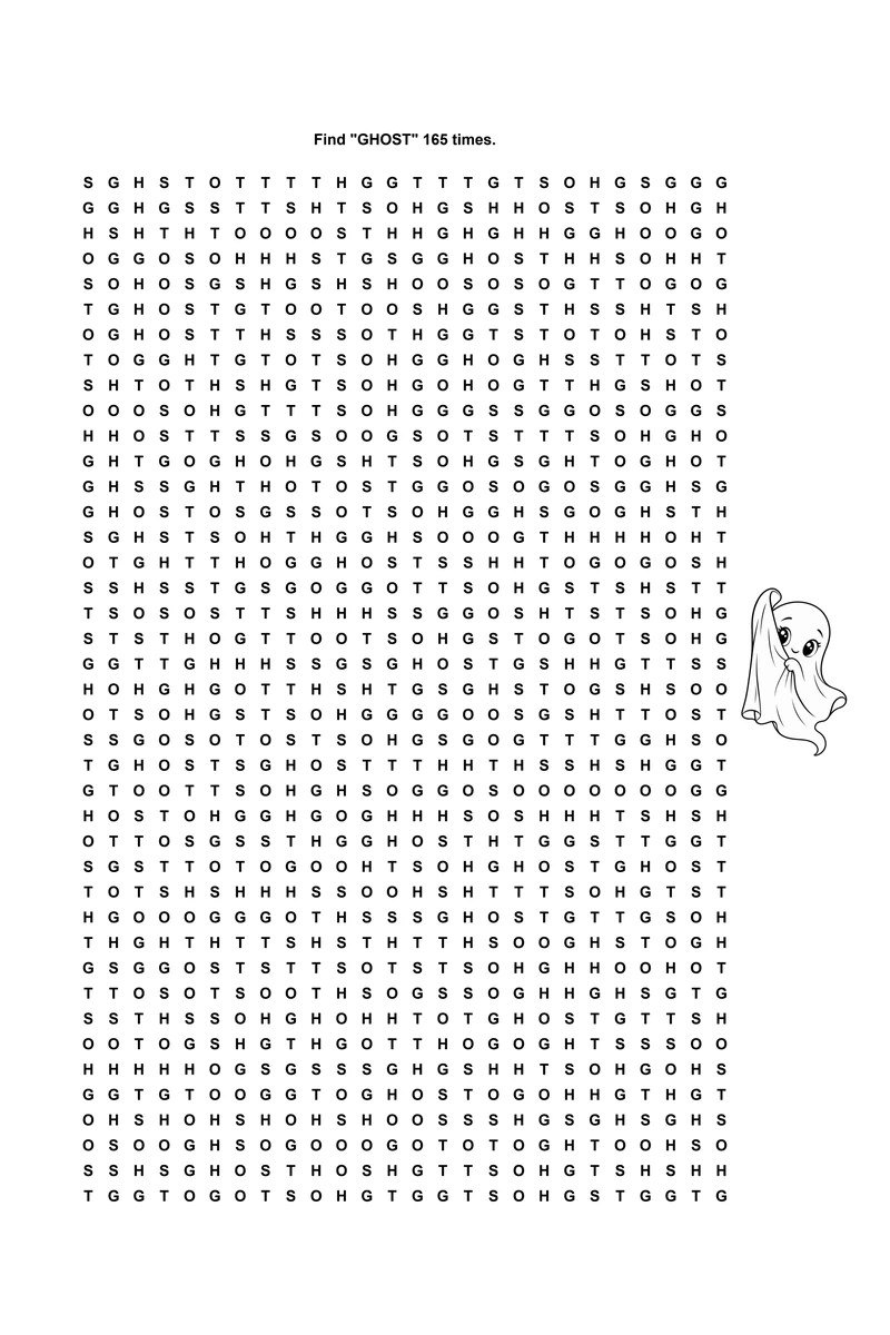 A puzzle page from inside 20,000 Ghosts: a twenty-six by forty-one grid filled entirely with the letters G, H, O, S and T, under the instruction to find GHOST 165 times, with a small cartoon ghost peeking out of the outside margin.