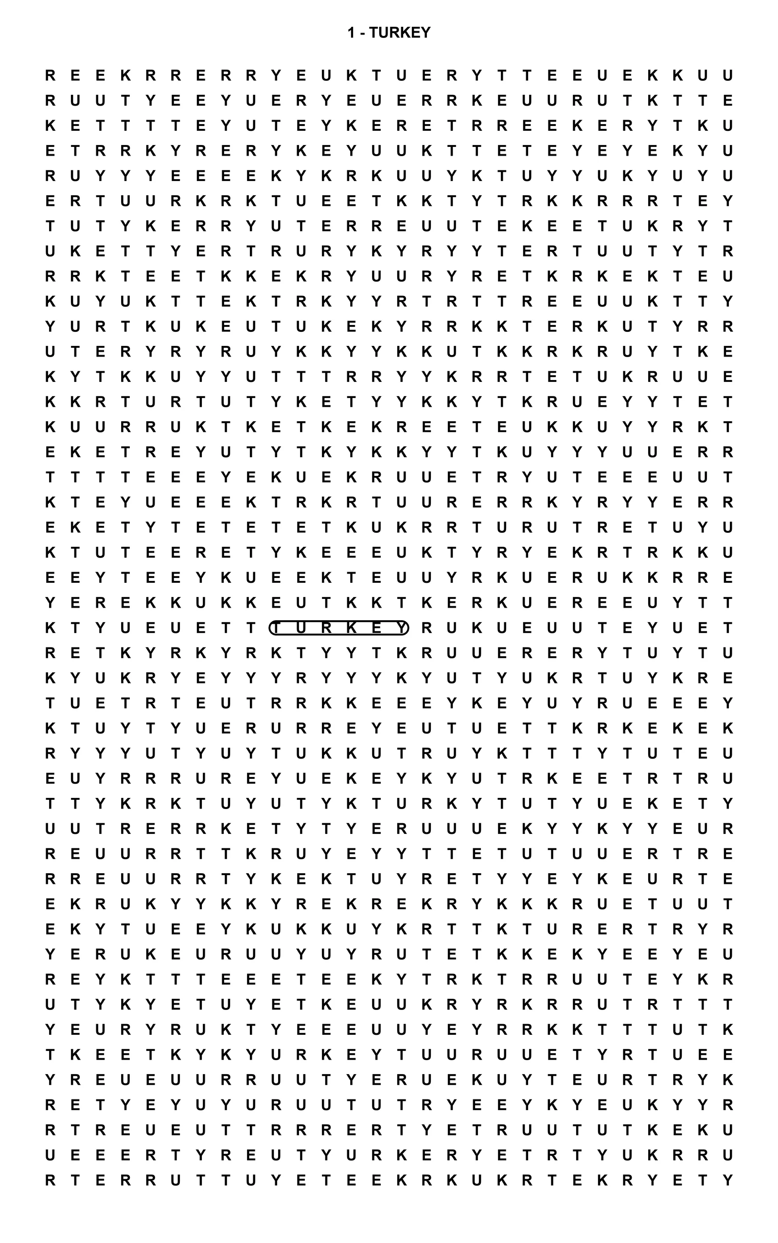 The solution to the first puzzle in 20,000 Turkeys: a twenty-eight by forty-five grid of the letters T, U, R, K, E and Y with a single TURKEY circled across the middle.