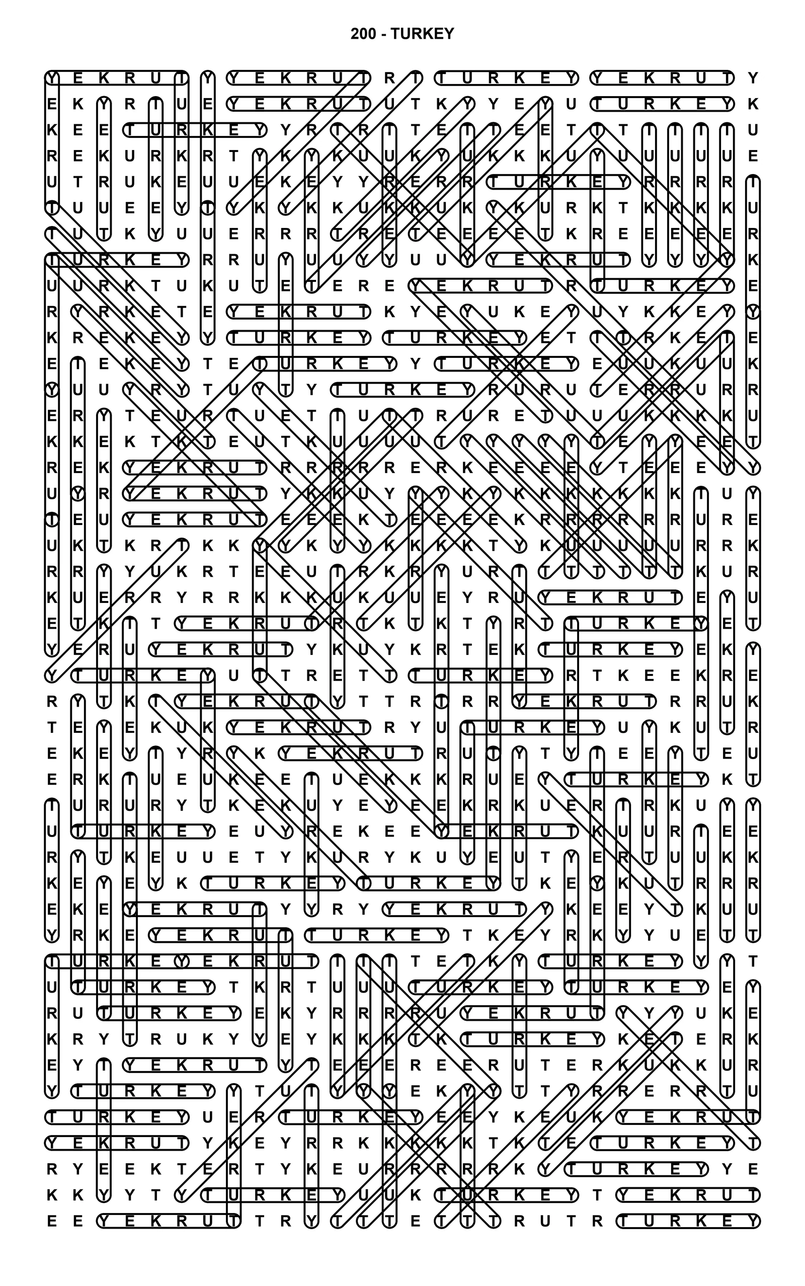 The solution to the last puzzle in 20,000 Turkeys: the same size grid with two hundred TURKEYs circled, crossing and overlapping until about four letters in every five are inside one.