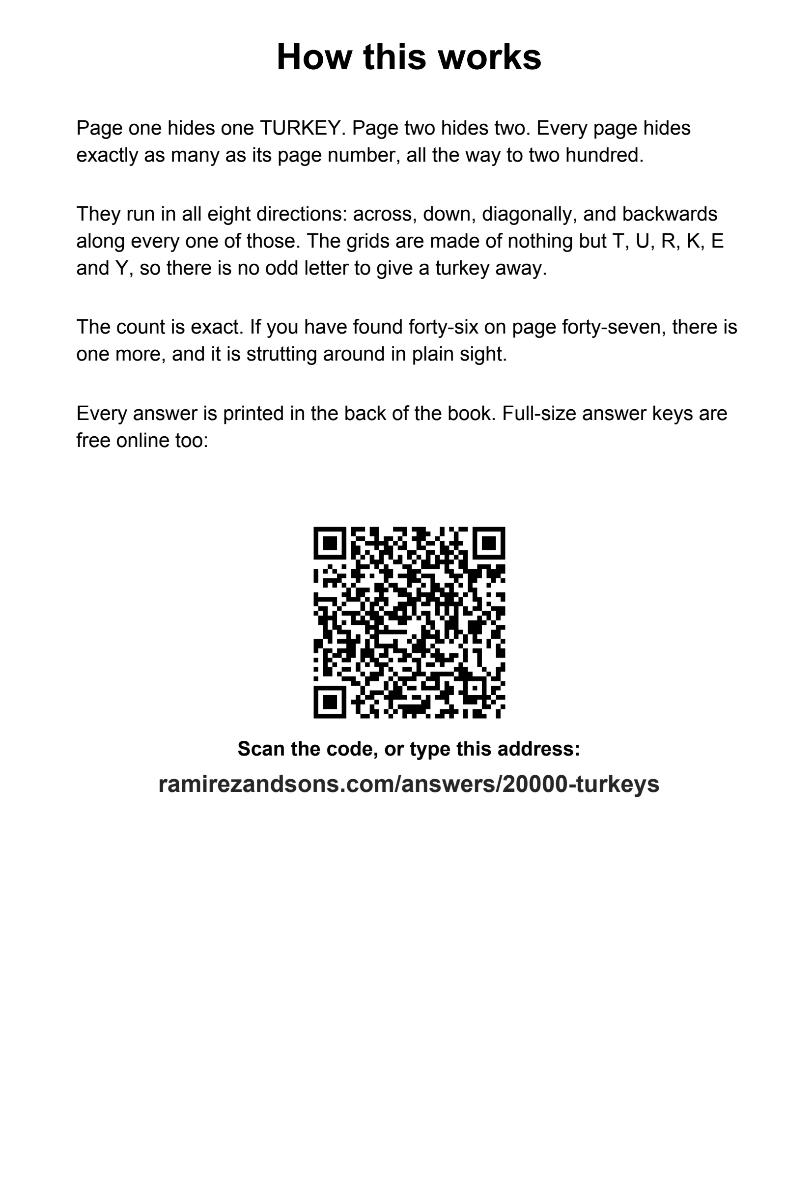 Page 3 of 20,000 Turkeys, How this works: the rules of the book, then a QR code and the address ramirezandsons.com/answers/20000-turkeys.