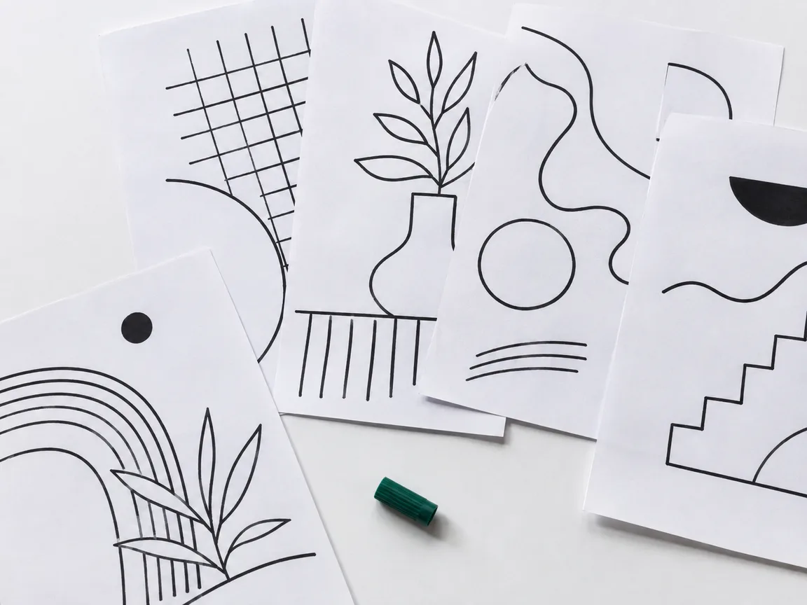 Printed line-art pages spread across a table and overlapping, one pulled slightly apart from the group, a green marker cap resting beside them