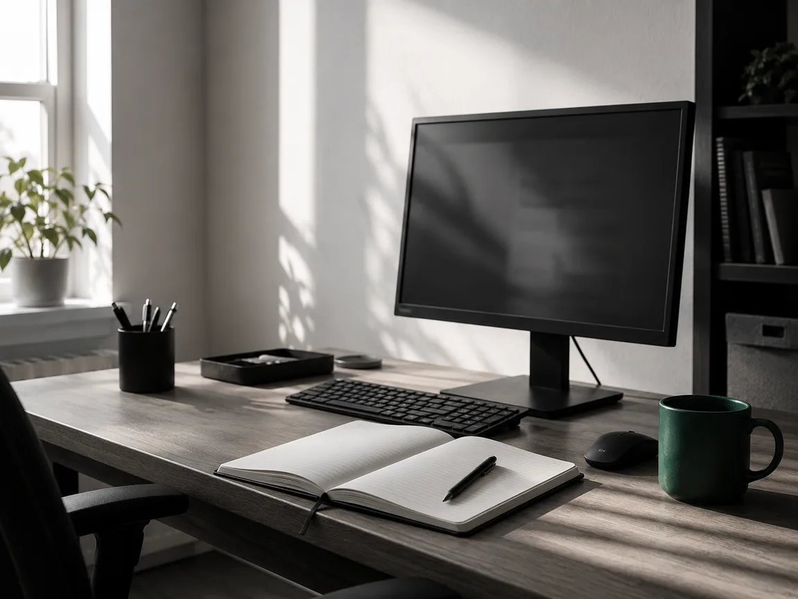 A home working desk with nobody at it: a dark monitor, a keyboard, an open notebook with blank pages and a pen laid across it, a mug and a plant by the window