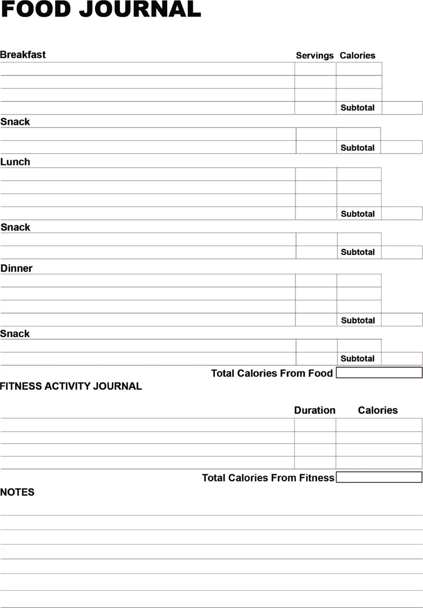 A page from inside the Daily Meal & Calorie Tracker: a blank food journal with ruled rows for breakfast, snacks, lunch and dinner, columns for servings and calories with a subtotal on each meal, then a fitness activity section and a notes area