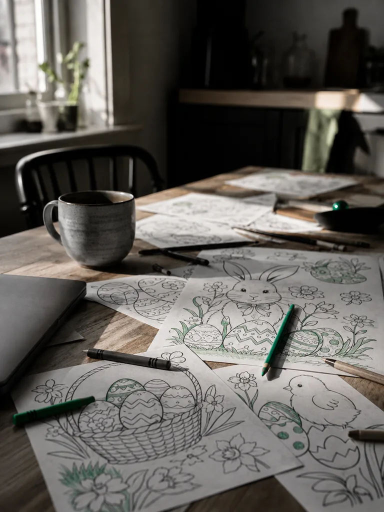 A kitchen table mid-project: coloring pages spread out and overlapping, a few shapes filled in with green pencil, crayons and a mug pushed to one side