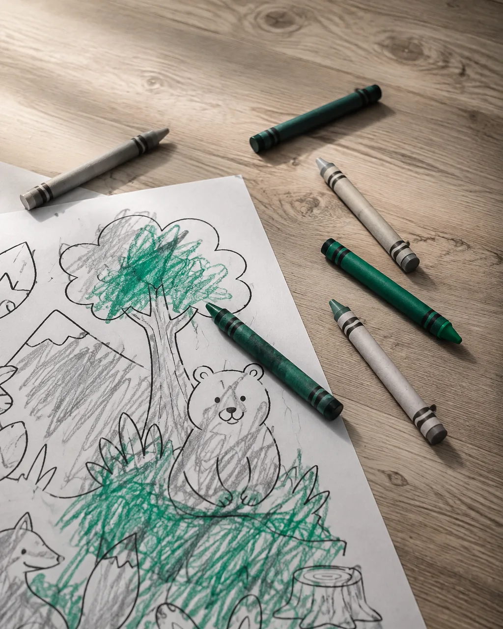 A coloring page part-way through being colored in, a bear and a tree filled in with green crayon, loose crayons scattered on the table around it