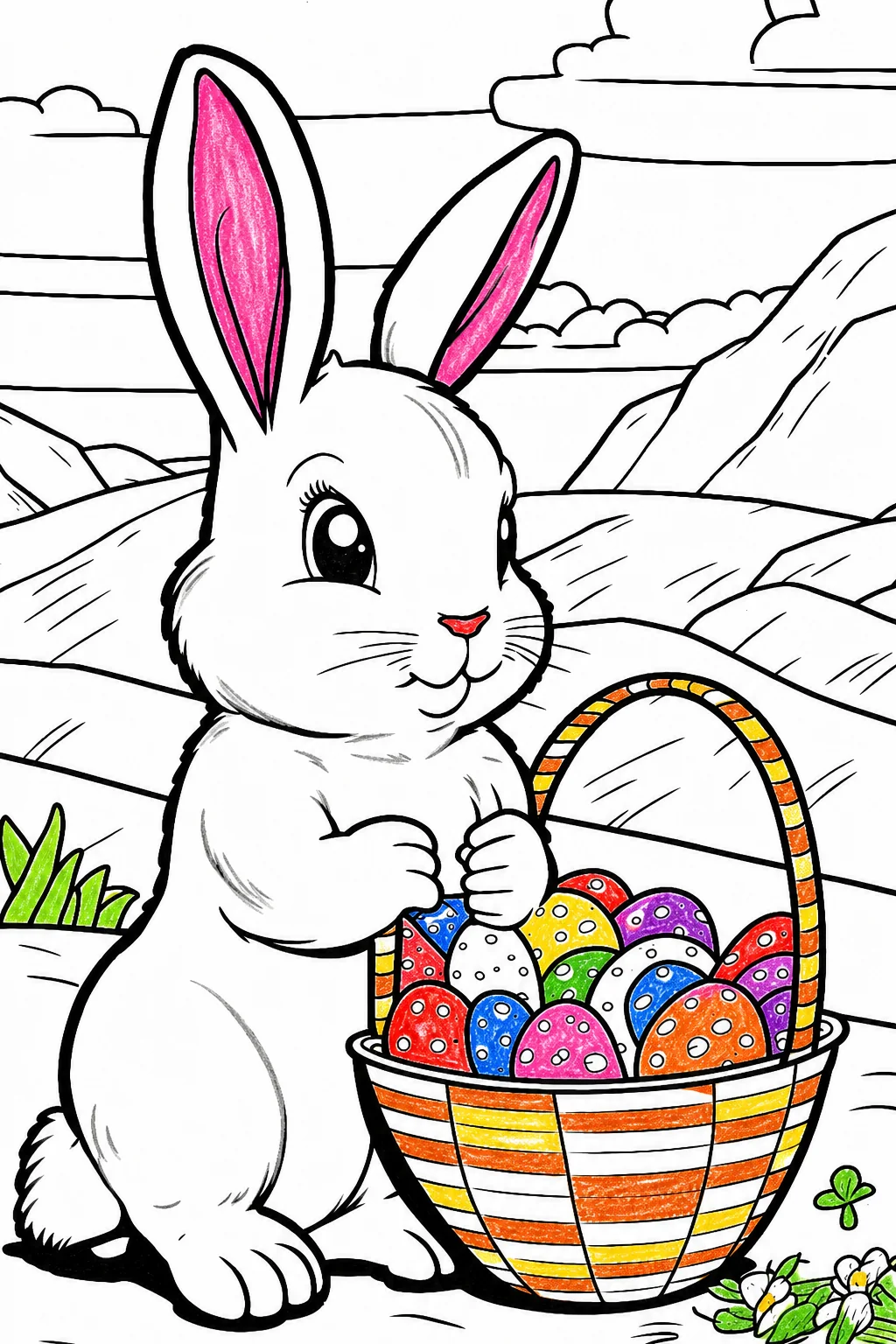 A page from Hopping into Color, partly filled in: a bunny beside a basket of decorated eggs