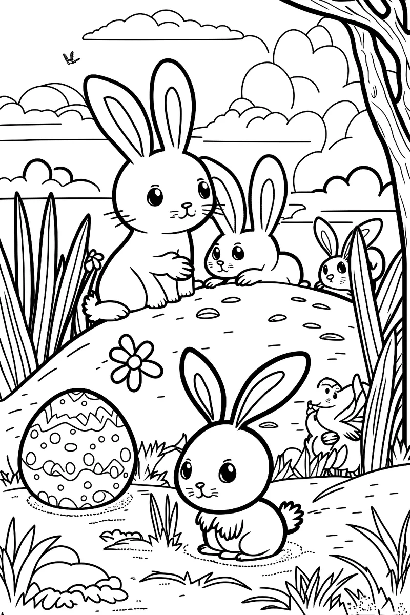A page from inside Hopping into Color, uncolored: a line drawing of three bunnies on a grassy hill with a decorated Easter egg, a flower, a bird and a tree