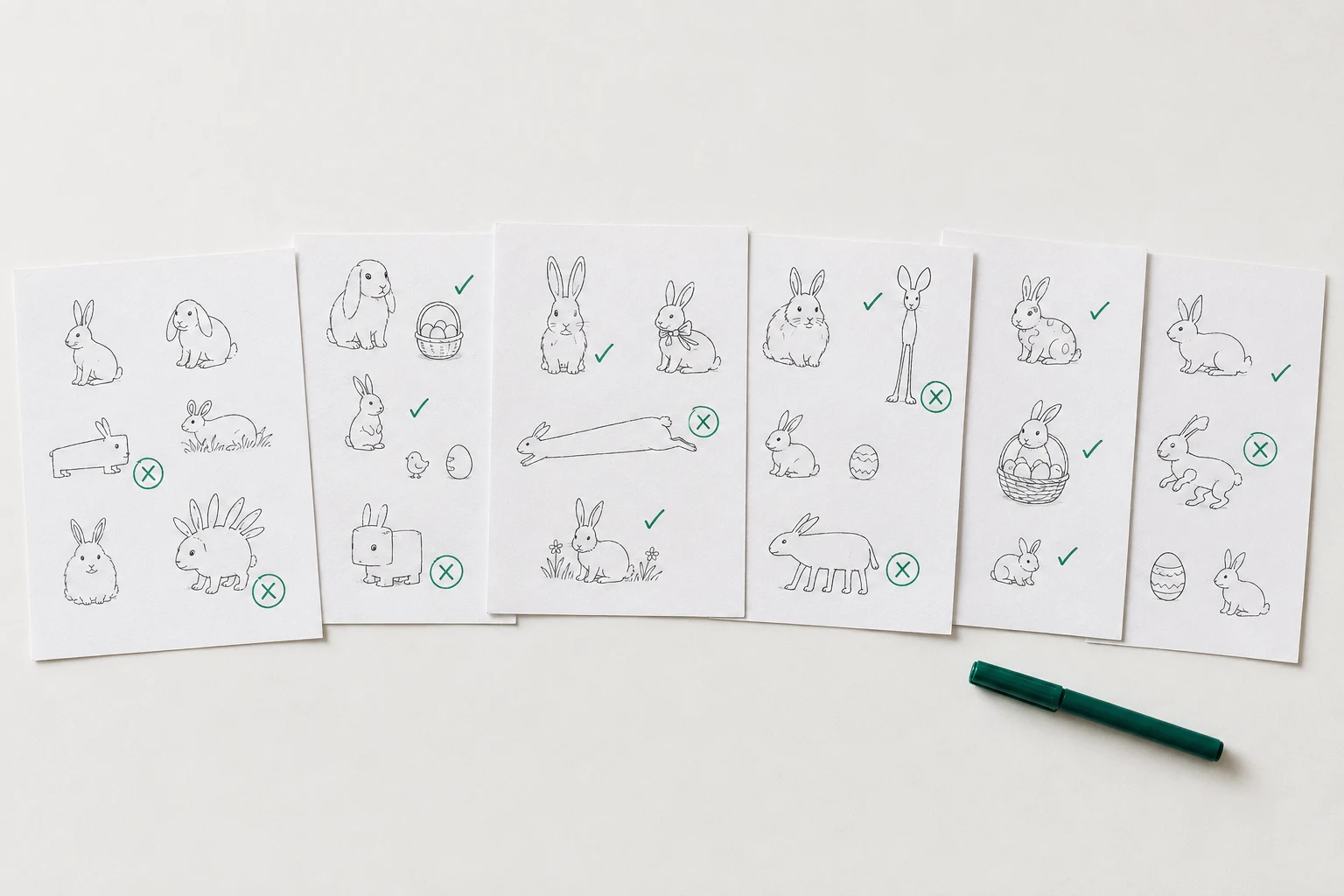 Six sheets of rabbit sketches fanned out across a table. Each drawing is marked by hand with either a green check or a circled green X, and the rejected ones are visibly wrong: one rabbit is stretched flat, one is built out of boxes, one has spines down its back. A green pen lies beside the pages.