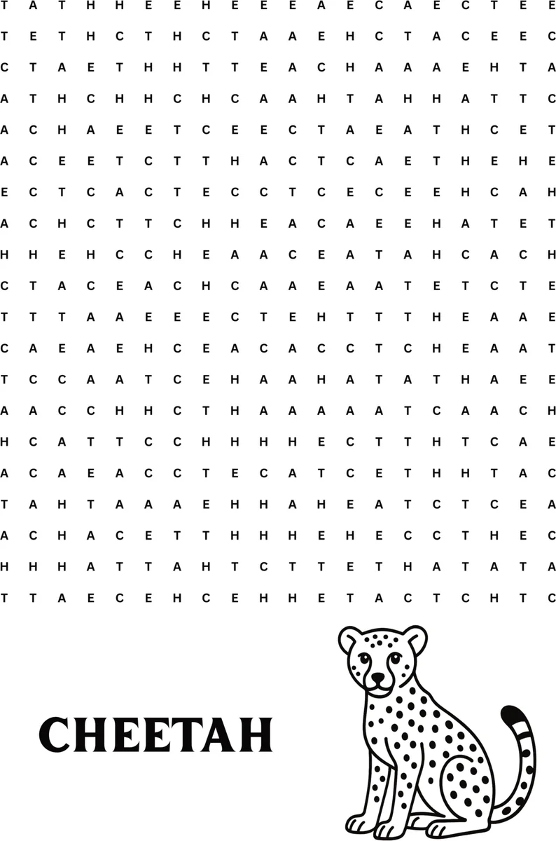 A puzzle page from inside Safari One Word Search: a twenty by twenty grid of letters above the word CHEETAH and a line drawing of a sitting cheetah