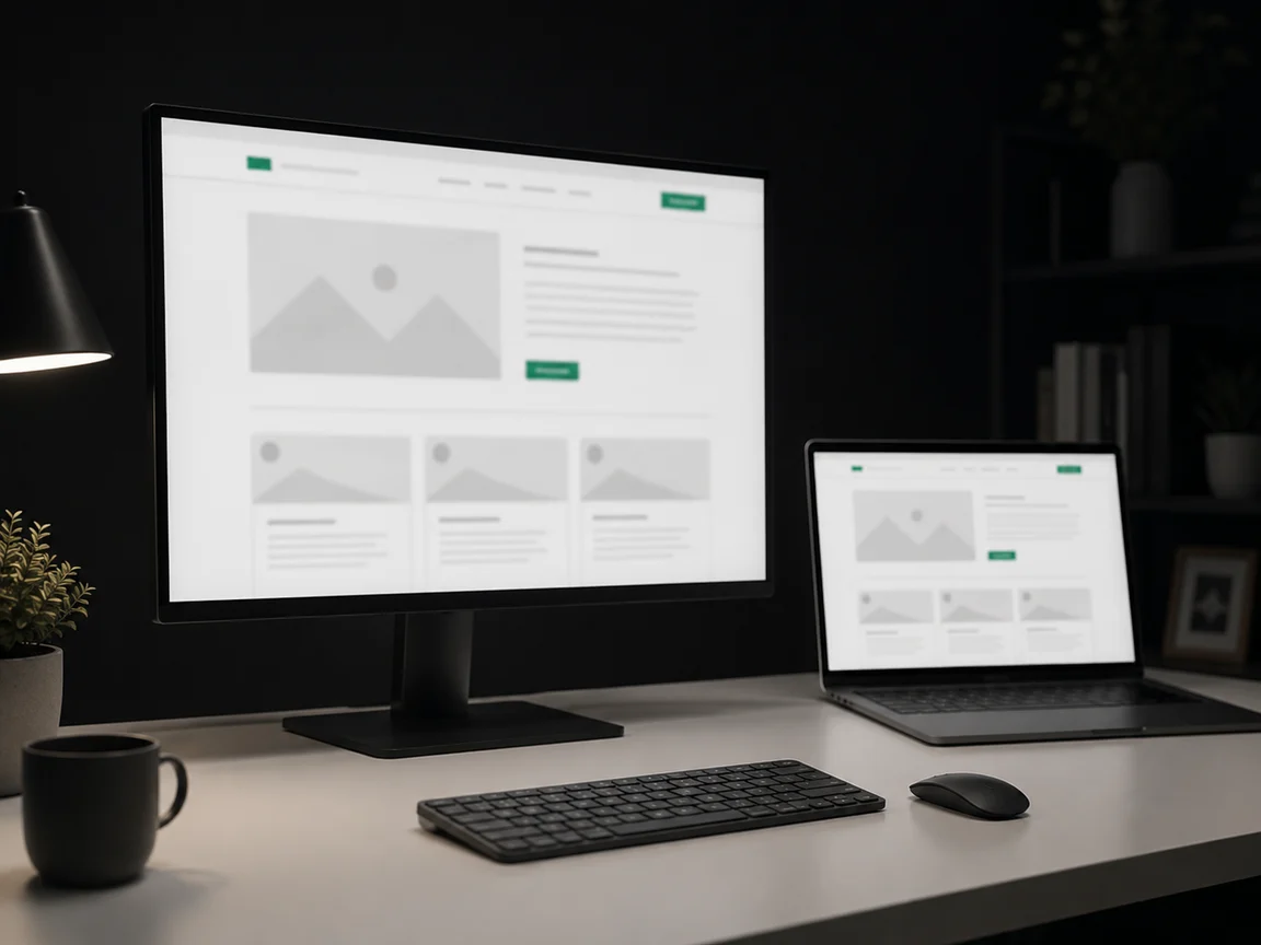 A website layout in progress on two screens, a monitor and a laptop side by side in a dark room, each showing placeholder blocks and green buttons